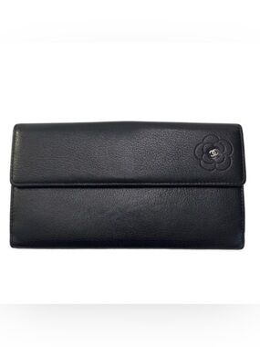 CHANEL Black Leather Camellia Wallet